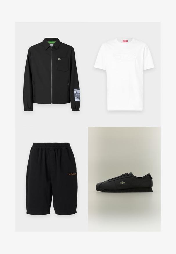 Must must, millelise vooderiga must jope, ees lukk, vasakul rinna tasku ja mustriline varrukate detail.; Valge lühikeste varrukatega ümara kaelusega T-särk, millel on rinnal reljeefne ovaalne logo ja krae sees punane Diesel'i brändisilt.; Mustad musta puuvillased lühikesed püksid elastse vöökohtaga, sirge lõikega ja küljetaskutega. Ees on oranžilt brodeeritud "No Problemo".; Mustad musta värvi madal sneaker, millel on lukk ja paeltega eesosa, tekstureeritud tald ja kuldne krokodillilogo külgedel.