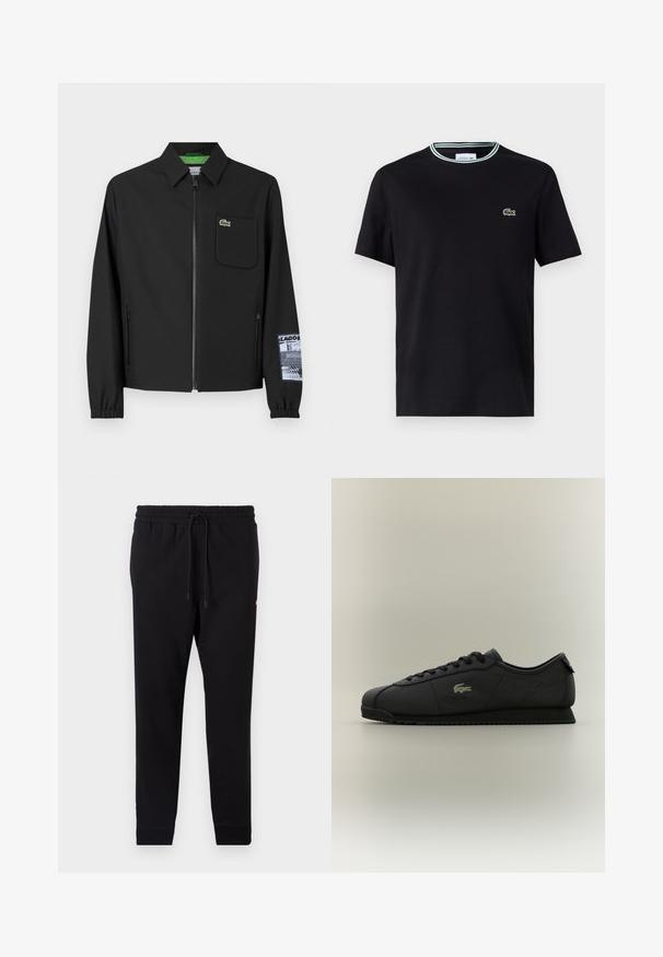 Musta takki, joka on valmistettu sileästä kankaasta ja jossa on vihreä sisävuori, edessä vetoketju, vasemmassa rinnassa tasku ja kuviollinen hiusys.; Mustat puuvillapaidat, joissa on pyöreä kaula-aukko, valko-vihreä raidallinen reuna ja brodeerattu vihreä krokotiililogo vasemmassa rinnassa.; Mustat verkkarit, jotka on valmistettu pehmeästä kankaasta. Niissä on joustava vyötärönauha, jossa on naru, kapenevat lahkeet ja ribbikudottu hihna.; Musta matala tennari, jossa on nauhakiinnitys, tekstuuripohja ja kultainen krokotiililogo sivulla.