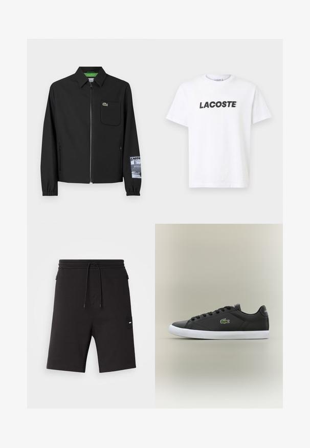 Juodas švarkas, pagamintas iš lygaus audinio su žalia vidine pamušalu, priekinis užtrauktukas, kairėje krūtinės pusėje kišenė ir raštuota rankovės detalė.; Balta medvilninė marškinėliai su ryškiu juodu "LACOSTE" logotipu ant krūtinės. Trumpomis rankovėmis ir apvalia iškirpte.; Juodi šortai pagaminti iš minkštos medžiagos, su elastingu juosmeniu ir raišteliu, šoniniais kišenėmis ir mažą logotipą kairėje pusėje.; Juodos odinės sportbačiai su baltais guminiais padais, turintys žalią krokodilo logotipą ir apvalias raišteles, elegantiškas dizainas su lygia tekstūra.