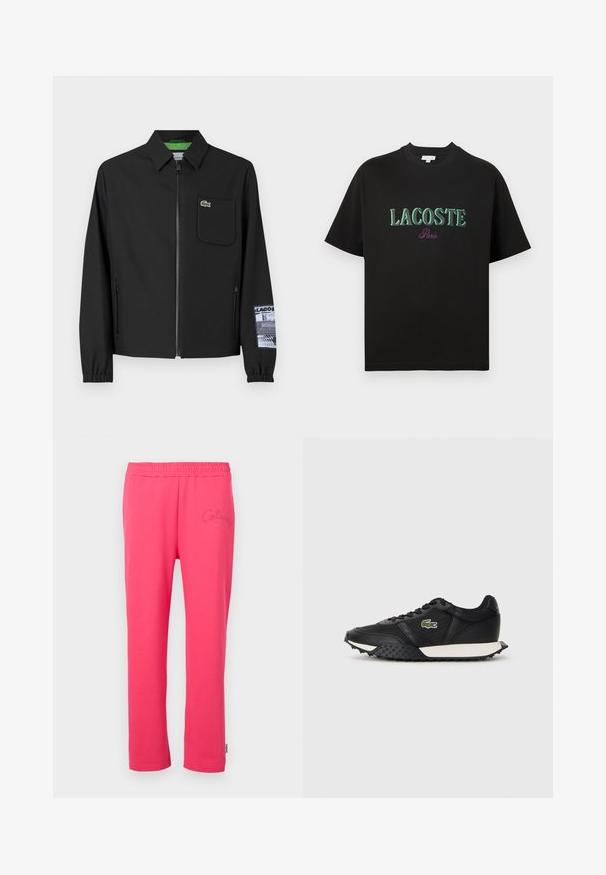 Czarna kurtka z gładkiego materiału z zielonym wewnętrznym podszewką, zamek błyskawiczny z przodu, kieszeń na lewym piersi oraz wzorzystą detalem rękawa.; Czarna bawełniana koszulka z krótkimi rękawami, z zielonym napisem "LACOSTE" oraz fioletowym napisem "Paris" poniżej. Prosty design, standardowy okrągły dekolt.; Różowe bawełniane spodnie dresowe z elastycznym pasem i haftowanym logo z przodu. Posiadają prosty krój nogawek.; Czarne sneakersy o gładkim skórzanym wykończeniu, z teksturowaną gumową podeszwą, białą podeszwą środkową oraz zielonym haftowanym logo na boku.