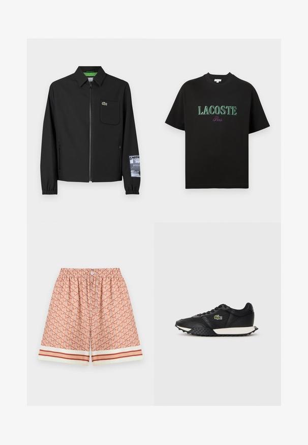 Fekete kabát sima anyagból, zöld bélésű, elülső cipzárral, bal oldali mellzsebbe, és mintás ujjal.; Fekete rövid ujjú pamut póló zöld "LACOSTE" felirattal és alatta lila "Paris" felirattal. Egyszerű kialakítás, normál szabású, kerek nyakkivágás.; Rózsaszín, mintás fürdőnadrág, amelyen átfogó geometrikus minta található. Rugalmas derék, gombbal és kontrasztos csíkos szegéllyel.; Fekete sportcipők sima bőr borítással, texturált gumi talppal, fehér középtalppal és zöld hímzett logóval az oldalon.