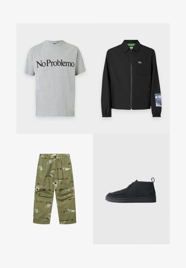 Musta takki, joka on valmistettu sileästä kankaasta ja jossa on vihreä sisävuori, edessä vetoketju, vasemmassa rinnassa tasku ja kuviollinen hiusys.; Harmaa puuvillapaita, jossa on lyhyet hihat ja pyöreä pääntie. Edessä on selkeästi näkyvillä musta teksti "No Problemo".; Vihreät kanvas-housut, joissa on valkoista, ruskeaa ja tummanvihreää maalisplatterikuviota. Housuissa on joustava vyötärö ja sivutaskut.; Mustat mokka nauhalla suljettavat nilkkasaappaat, joissa on vetotappi ja teksturoitu pohja, sekä pieni kohokuvioitu krokotiililogo sivulla.