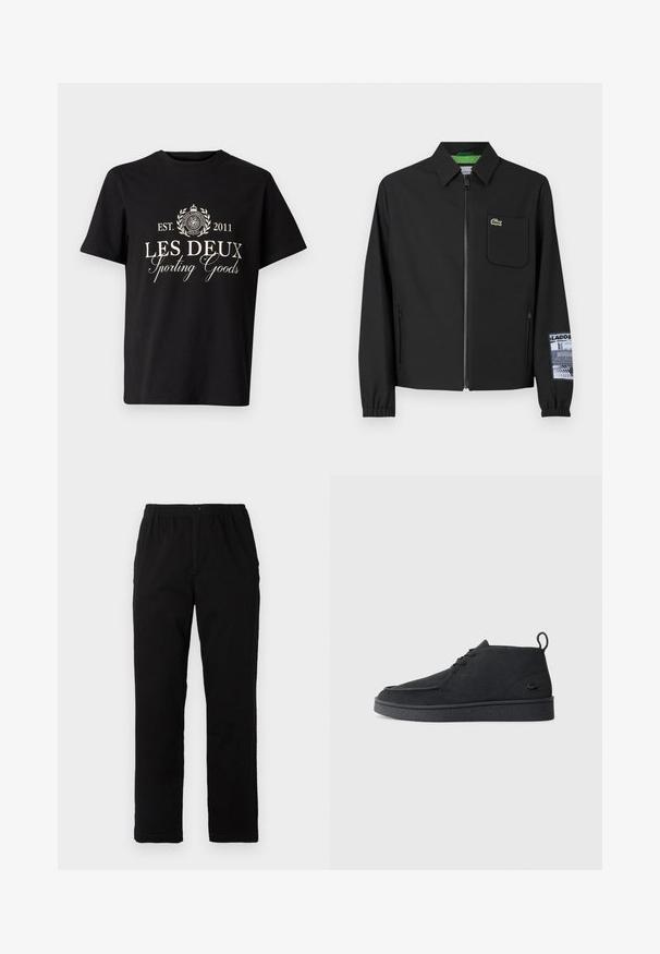 Black jacket made of smooth fabric with a green inner lining, front zipper, left chest pocket, and a patterned sleeve detail.; Black cotton t-shirt with a crew neck, featuring white printed text: "LES DEUX Sporting Goods" and a logo with laurel accents.; Black pants made of cotton blend fabric, featuring a straight cut, elastic waistband with button, and no visible patterns or accents.; Black suede lace-up ankle boot with pull tab and textured sole, featuring small embossed crocodile logo on the side.