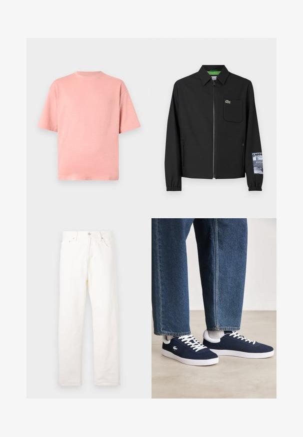 Melnā jakas ar gludu audumu un zaļu iekšējo oderi, priekšējais rāvējslēdzējs, kreisajā krūtī kabata un rakstaina piedurkne.; Gaiši rozā kokvilnas T-krekls ar apaļu kaklu, īsām piedurknēm un brīvu piegriezumu. Gluda tekstūra bez redzamām rakstu vai akcentu detaļām.; Biezi balti džinsi ar taisnu kāju dizainu, kuriem ir priekšējās kabatas, metāla pogu aizdare un klasiskā šuvuma detaļas.; Zili auduma sporta apavi ar baltām stīgām un gumijas zolēm, izlikti kopā ar džinsiem un pelēkām ribotām zeķēm, uz gaiši pelēka pamata.