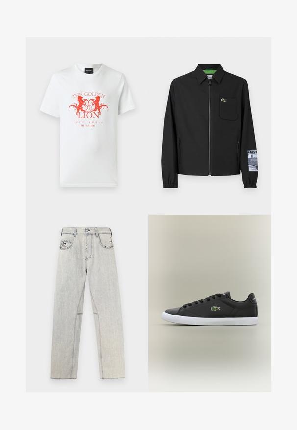Juodas švarkas, pagamintas iš lygaus audinio su žalia vidine pamušalu, priekinis užtrauktukas, kairėje krūtinės pusėje kišenė ir raštuota rankovės detalė.; Balta medvilninė marškinėliai su raudonu piešiniu, kuriame pavaizduoti du liūtai ir užrašas "AUKSINIS LIŪTAS NEMOKAMAS NAMAS" apvalioje kompozicijoje. Trumpomis rankovėmis.; Šviesiai mėlyni džinsai iš džiuto su tiesiu pjūviu, kontrastingomis siūlėmis, dviem priekinėmis kišenėmis ir įplyšimais audinyje.; Juodos odinės sportbačiai su baltais guminiais padais, turintys žalią krokodilo logotipą ir apvalias raišteles, elegantiškas dizainas su lygia tekstūra.