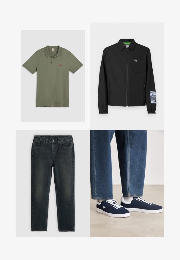 Musta takki, joka on valmistettu sileästä kankaasta ja jossa on vihreä sisävuori, edessä vetoketju, vasemmassa rinnassa tasku ja kuviollinen hiusys.; Vihreä oliivinvärinen polo-paita, joka on valmistettu puuvillasta. Siinä on klassinen kaulus, kolme napinläpeä, lyhyet hihat ja pieni punainen logo rinnassa.; Tummansinisiä farkkuja suoran lahkeen leikkauksella, viidellä taskulla, vetoketjukiinnityksellä ja kontrastivärisillä ompeleilla. Kankaan pinnassa on hieno haalistuminen.; Siniset kangaskengät valkoisilla nauhoilla ja kumipohjilla, esillä farkkuhousujen ja harmaiden ribattujen sukkien kanssa, vaaleanharmaalla pinnalla.