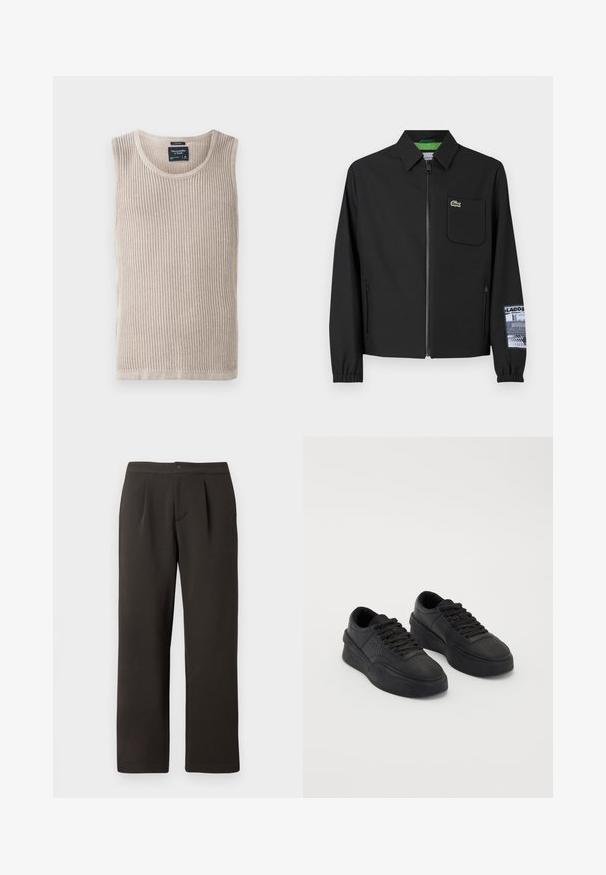 Musta takki, joka on valmistettu sileästä kankaasta ja jossa on vihreä sisävuori, edessä vetoketju, vasemmassa rinnassa tasku ja kuviollinen hiusys.; Beige ribbattu toppi, jossa on pyöreä pääntie, hihaton muotoilu ja pehmeä tekstuuri. Tunnus ommeltu sisäkauluksen alueelle, siisti helma.; Tummanruskeat suorat lahkeet, joissa on litteä etuosa, kaksi laskosta ja napin suljenta. Valmistettu sileästä kankaasta, jossa on pieni tekstuuri.; Mustat lenkkarit, jotka on valmistettu sileästä nahasta ja joissa on pehmeä pohja. Ominaisuuksiin kuuluvat tasaiset nauhat, rei'itykset varpaassa ja huoliteltu siluetti.