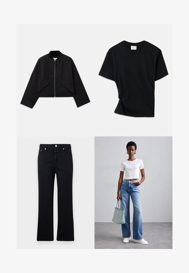 Fekete bomber dzseki cipzárral az elején, cropped fazonnal és két szögletes zsebbel. Simított anyagból készült, bordás gallérral és széles ujjaival.; Fekete póló, puha pamutból készült, kerek nyakkivágással, rövid ujjakkal és enyhén csavart kialakítással, amely lazább illeszkedést biztosít.; Fekete farmernadrág egyenes szárú kialakítással, öt zsebes stílussal, fémből készült kiegészítőkkel és puha denim textúrával. Minimalista és egységes színű.; Fehér bordázott rövidített póló, világoskék, bő szárú farmernadrág és fehér edzőcipő. Zöld és fehér csíkos vászontáskát tart.
