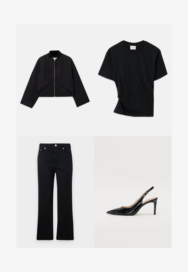 Črna bomberska jakna z zadrgo spredaj, skrajšano obliko in dvema angularnima žepoma. Narejena iz gladkega blaga z rebrastim ovratnikom in širokimi rokavi.; Črno majico iz mehkega bombaža odlikuje okrogla izreza, kratki rokavi in nekoliko zvit dizajn za sproščen fit.; Črne kavbojke s ravnim krojem, petimi žepi, kovinsko opremo in mehkobo denima. Minimalistične in enobarvne.; Črne lakirane slingback čevlje z izostrenim nosom, ozkim peto in subtilnim izrezom. Na traku je zlata sponka.
