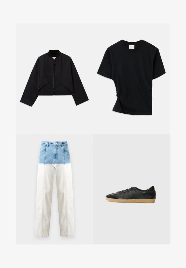 Czarna kurtka bomberka z zamkiem z przodu, krótkim krojem i dwoma kątowymi kieszeniami. Wykonana z gładkiego materiału, z prążkowanym kołnierzem i szerokimi rękawami.; Czarny t-shirt wykonany z miękkiej bawełny, z okrągłym dekoltem, krótkimi rękawami i lekko skręconym fasonem zapewniającym luźny krój.; Jeans dżinsowe mają niebieską górną część z przejściem do bieli. Wysoki stan, prosta sylwetka nogawki i widoczne detale szwów.; Czarne skórzane sneakersy z zamszowymi akcentami, okrągły nos, gumowa podeszwa, płaskie sznurowadła i przeszycia. Z logo marki na pięcie.