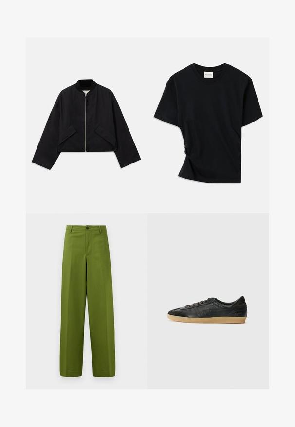 Veste bomber noire avec front zippé, design court et deux poches angulaires. Fabriquée en tissu lisse avec un col côtelé et des manches larges.; T-shirt noir en coton doux, doté d'un col rond, de manches courtes et d'un design légèrement torsadé pour une coupe décontractée.; Pantalons large verts en tissu doux. Dotés d'une fermeture à bouton à l'avant et d'un design à l'avant plat.; Baskets en cuir noir avec des accents en daim, bout rond, semelle en caoutchouc gomme, lacets plats et piqûres décoratives. Présente le logo de la marque au talon.