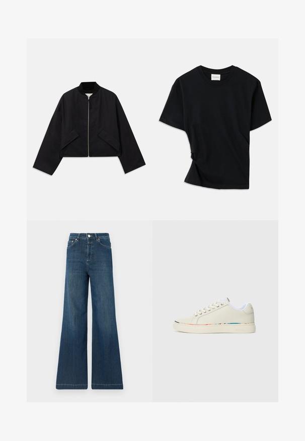 Čierna bomber bunda so zipsom na prednej strane, skrátený strih a dva uhlové vrecká. Vyrobená z hladkej tkaniny s rebrovaným golierom a širokými rukávmi.; Čierne tričko vyrobené z mäkkej bavlny, s okrúhlym výstrihom, krátkymi rukávmi a mierne skrúteným dizajnom pre pohodlný strih.; Džíny s širokými nohavicami v tmavomodrom denime, so zvýšeným pásom, mediálnym kovovým spracovaním a jemným opotrebovaním. Čistý lem bez ďalších vzorov.; Off-white nízkoprofilová teniska s šnurovaním, biele vnútorné podšívka a jemný multicolor okraj pozdĺž okraja podrážky, bočný pohľad.