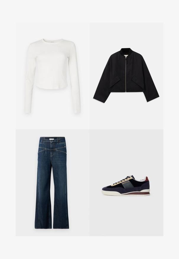 Mustmust mustarätik, millel on lukuga eesmine osa, lühendatud disain ja kaks nurga all taskut. Valmistatud siledast kangast, millel on soonikkoes krae ja laiad varrukad.; Valge pikkade käistega ribatop, ümmarguse kaelusega ja lühendatud helmaga. Pehme tekstuur ja minimalistik disain, millel on külje peal väike logo.; Tumedast sinimust denimist laiad püksid, kõrge vöökoht, kaks esi-taskut ja kontrastne õmblusdetail.; Tumesinine nahast tossud beige ja tumesiniste detailidega. Omab valget kummist tallat ja kuldset brändi tähist küljel. Klassikaline spordidisain.