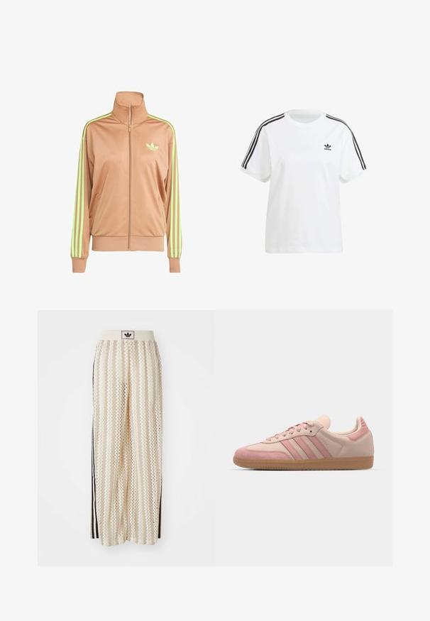 Veste de survêtement zippée beige avec col haut, décorée d'accents à trois rayures vert néon sur les manches et d'un petit logo sur la poitrine.; T-shirt en coton blanc avec des manches courtes, un col rond et des rayures verticales noires sur les épaules, avec un petit logo noir sur la poitrine.; Pantalons larges crème avec un motif en zigzag, dotés d'une ceinture logo noire et de bandes noires sur les côtés. Tissu léger et texturé.; adidas Originals SAMBA OG - Baskets basses - quartz/mauve