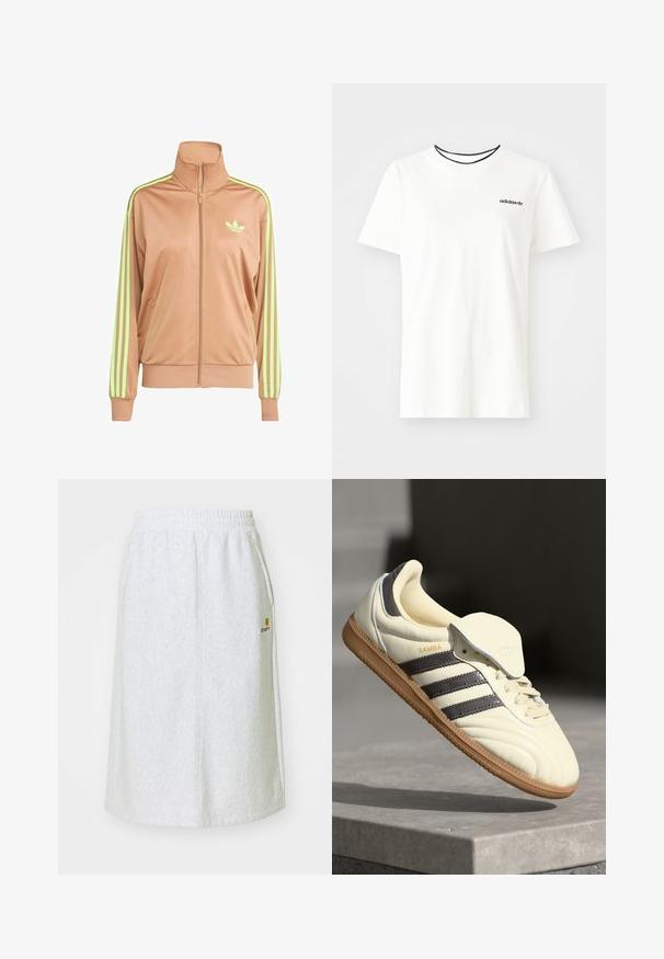 Veste de survêtement zippée beige avec col haut, décorée d'accents à trois rayures vert néon sur les manches et d'un petit logo sur la poitrine.; T-shirt en coton blanc à manches courtes et à encolure ronde. Présente un logo Adidas noir sur la poitrine et un col intérieur noir contrastant.; Jupe en sweatshirt gris clair avec une taille élastique, des poches latérales et un petit logo doré à l'avant. Tissu doux et texturé.; Baskets en cuir crème avec trois bandes sombres, une semelle extérieure en gomme marron et un bout arrondi. Présentent une languette pliable étiquetée "SAMBA."