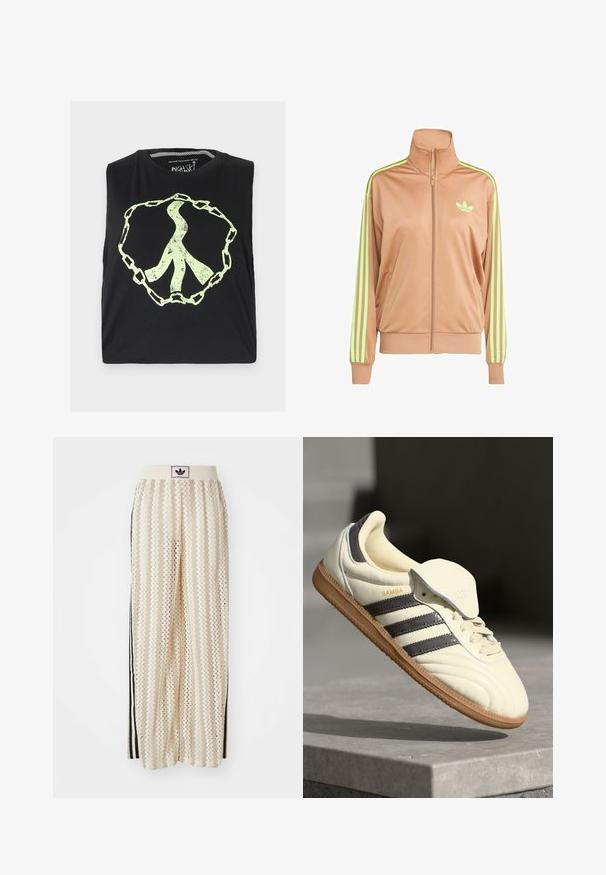 Bēšas rāvējslēdzēja sporta jaka ar augstu apkakli, kurai ir neona zaļi trīs svītru akcenti uz piedurknēm un neliels logo uz krūtīm.; Melnā bezpiedurkņu krekls ar lielu, izbalējušu, gaiši zaļu miera simbolu pārklātu ar ķēdes dizainu. Izgatavots no mīksta kokvilnas auduma.; Krēmbalti plaša piegriezuma bikses ar zigzaga rakstu, ar melnu logotipa jostu un melnām sānu svītrām. Viegls, teksturēts audums.; Krēmkrāsas ādas tenisbikses ar trim tumšiem svītrām, brūnu gumijas zoli un noapaļotu purngalu. Iezīme ir locījamā mēle ar uzrakstu "SAMBA".