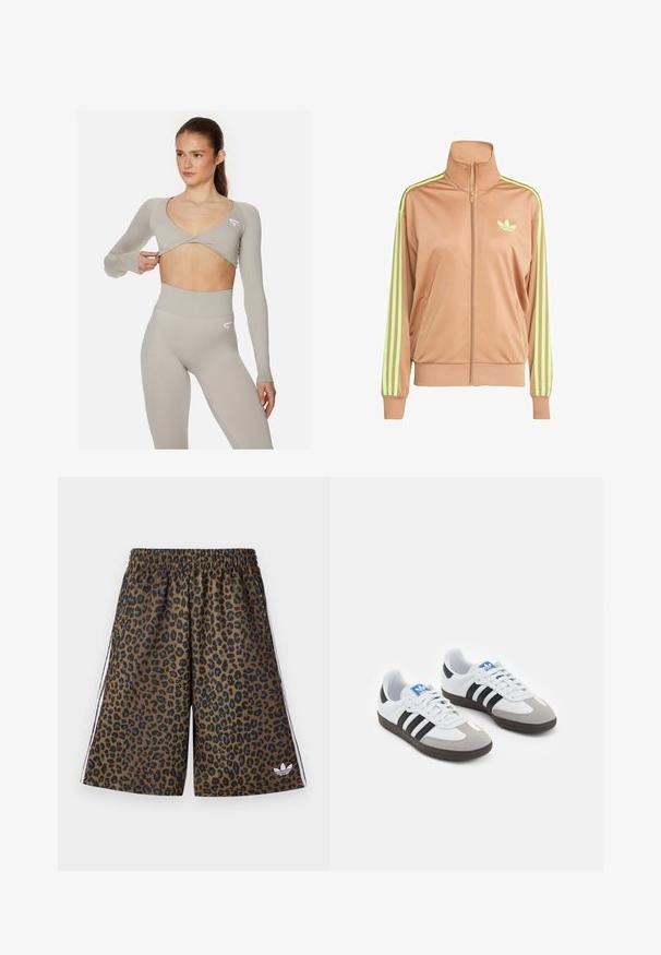 Beige zip-up track jacket with high collar, featuring neon green three-stripe accents on sleeves and a small logo on the chest.; Light-grey long-sleeve cropped top with a V-neck and a twist design, paired with high-waisted leggings featuring a subtle gradient texture.; Leopard print shorts in brown and black, featuring an elastic waistband and white side stripes. Made of smooth, lightweight material.; Sport shoes with a white leather upper, gray suede toe, and three black stripes. Features a blue logo on the tongue and a textured rubber sole.