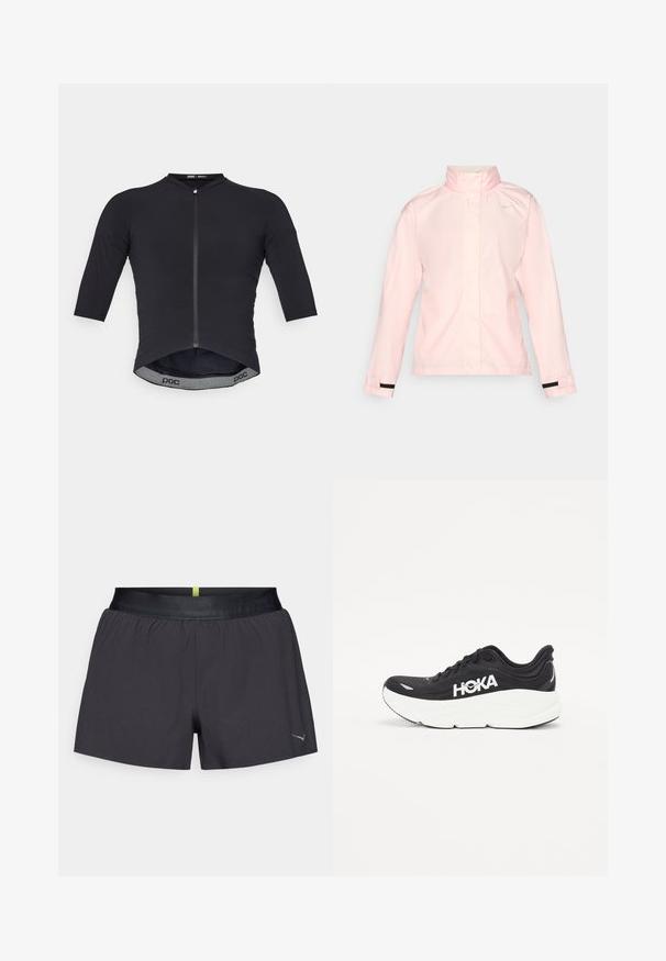 Jasnoróżowa wodoodporna kurtka z wysokim kołnierzem, długimi rękawami i czarnymi akcentami przy nadgarstkach. Na przedzie znajduje się małe białe logo w okolicy klatki piersiowej.; Czarna koszulka rowerowa z rękawami 3/4, z zamkiem błyskawicznym z przodu, o prążkowanej teksturze i zaokrąglonym dolnym wykończeniu. Posiada logo POC na wewnętrznej stronie pasa.; Czarne spodenki sportowe z elastycznym pasem i subtelny zielony akcent z tyłu. Wykonane z lekkiego materiału, z logo na dolnym brzegu.; Czarny but sportowy z siateczkowym wierzchem, białą amortyzowaną podeszwą środkową i wyraźnym logo HOKA umieszczonym z boku. Minimalistyczny design i zaokrąglony kształt.