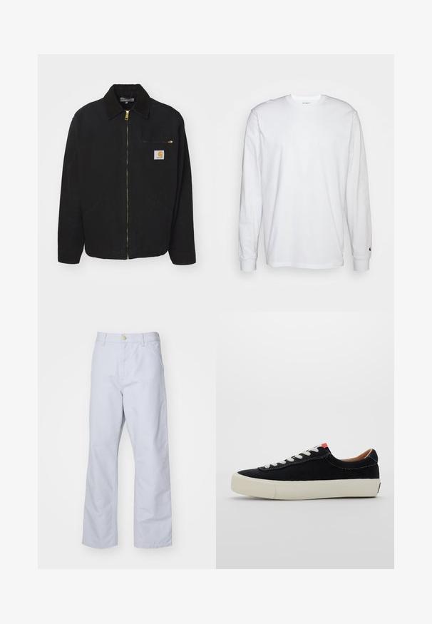 Zwarte katoenen jas met een ritssluiting aan de voorkant, een corduroy kraag, twee zijzakken en een borstzak met een logo patch.; Witte lange mouwen T-shirt van katoen. Ronde hals ontwerp met ribgebreide manchetten en een klein logo op de linkermouw. Gladde textuur.; Lichtblauwe, rechte broek gemaakt van katoen. Voorzien van een voorzak, een ritssluiting en een enkele metalen knoop bij de tailleband.; Zwarte stoffen sneaker met witte veters, beige rubberen zool en rode accent aan de hiel. Rond toe en minimale stikseldetails.