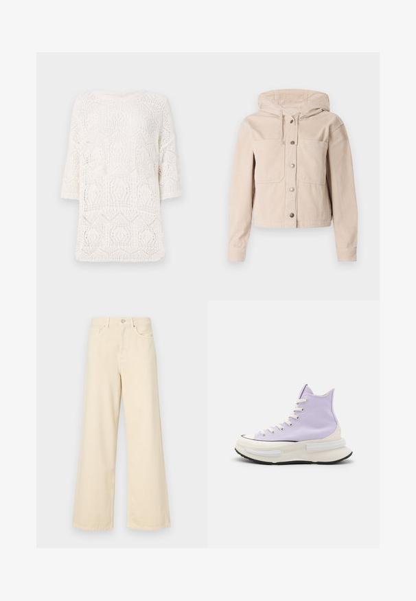 Giubbotto in corduroy beige con cappuccio, dotato di chiusura frontale con bottoni e due tasche sul petto. Tessuto testurizzato con motivo a costine.; Top bianco lavorato a maglia con un motivo geometrico a openwork, scollo rotondo e maniche corte. Tessuto leggero e testurizzato.; Jeans beige a gamba larga in cotone. Caratterizzati da chiusura con bottone, passanti per cintura e tasche anteriori con una consistenza liscia e morbida.; Sneaker alte in tela viola chiaro. Suola intermedia bianca spessa con suola nera. Presentano punta rotonda e lacci beige. Design minimalista.