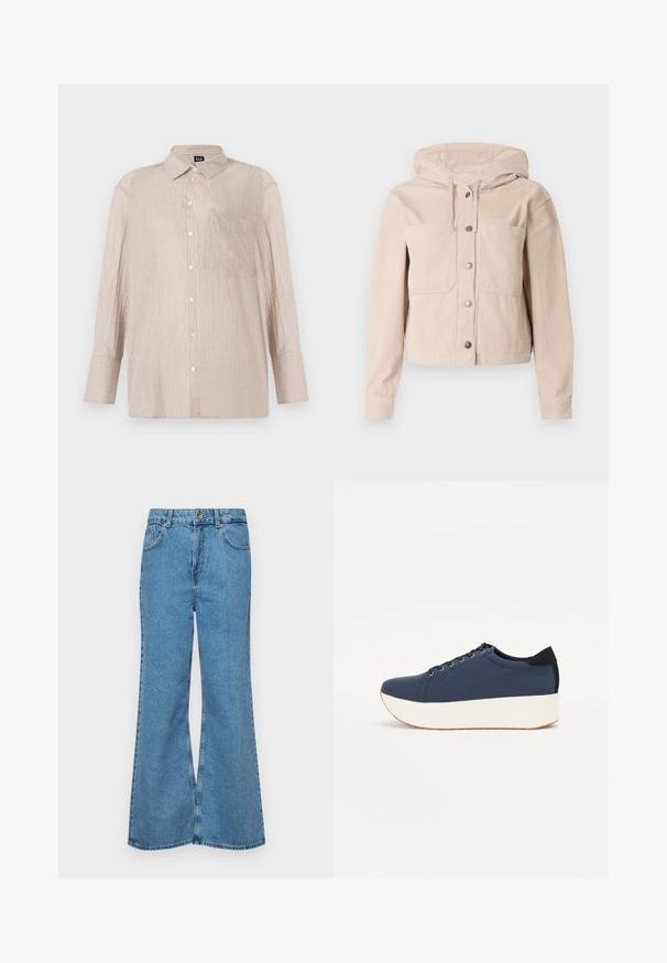 Beige corduroy jacket with a hood, featuring a front button closure and two chest pockets. Textured fabric with ribbed pattern.; Striped button-up shirt in beige with white and blue lines, featuring a collar and a chest pocket; long sleeves with buttoned cuffs.; Light blue flared jeans made of denim, featuring a high waist, five pockets, and a single button closure. Soft texture with faded finish.; Navy blue sneaker with a textured fabric upper, white platform sole, rounded toe, and black heel accent. Features six eyelets for laces.