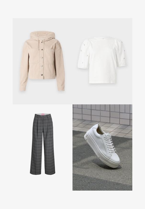 Beige kordbársony dzseki kapucnival, elülső gombos záródással és két mellzsebből áll. Texturált anyag bordás mintával.; Fehér pamut póló rövid puffos ujjakkal, a ujjain kicsi ezüst díszítések találhatók. Klasszikus kerek nyakú, laza fazonú.; Szürke kockás, bő szabású nadrág magas derékkal, elülső redőkkel és sima textúrával. Címke látható a derekában.; Fehér bőr sportcipő alacsony dizájnnal, lapos fűzőkkel, lekerekített orral és texturált oldalakkal. Vastag gumitalp finom részletekkel.