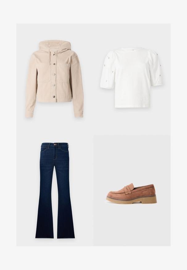 Casaco de corduroy bege com capuz, com fecho frontal por botões e dois bolsos no peito. Tecido texturizado com padrão ribado.; T-shirt branca de algodão com mangas puff curtas, apresentando pequenos embellissements prateados ao longo das mangas. Decote redondo clássico, corte descontraído.; Calças de ganga justas de cor azul-escura, com fecho de botão, dois bolsos frontais e uma textura suave.; Mocassins de camurça castanhos com uma sola de plataforma beje espessa, costura decorativa e bico redondo. Sem hardware visível ou padrões.