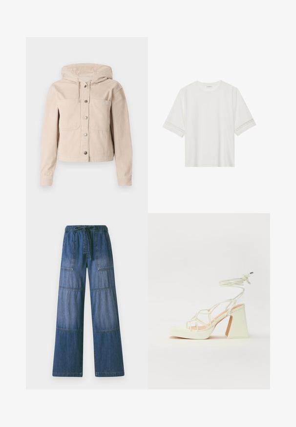 Bežinė aksominė striukė su kapišonu, su priekiniais mygtukais ir dviem krūtinės kišenėmis. Tekstūruota medžiaga su raukšlėtu raštu.; Balta trumpomis rankovėmis marškinėliai, pagaminti iš medvilnės, su dekoratyviais nėriniais aplink rankoves ir apvaliu kaklu.; Džinsiniai plačių kojų kelnes su raišteliu juosmenyje, su dviem kišenėmis, šviesiai tamsiu gradientu ir kontrastingu siuvimo raštu.; Balti aukštakulniai sandalai su masyviu kulnu, su dirželių dizainu ir kulkšnies raiščiu. Lygi tekstūra su platforma priekyje, suteikianti papildomą aukštį.