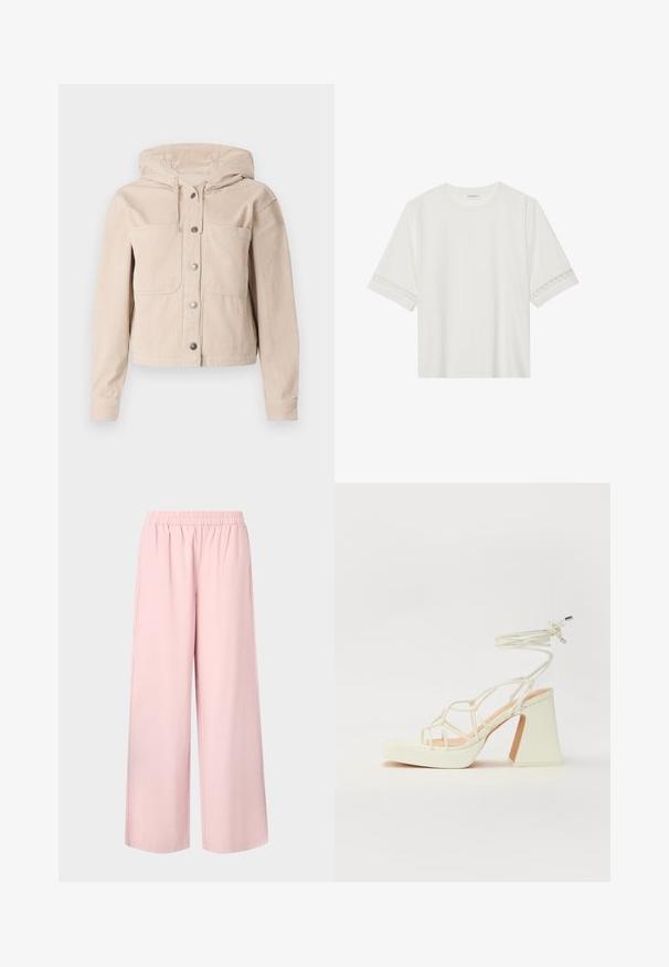Μπεζ καμπαρντίνα από κοτλέ με κουκούλα, διαθέτει μπροστινό κλείσιμο με κουμπιά και δύο θησαυροφυλάκια στο στήθος. Υφασμάτινη υφή με ριγωτό σχέδιο.; Λευκό κοντομάνικο μπλουζάκι φτιαγμένο από βαμβάκι, με διακοσμητική δαντέλα κατά μήκος των μανικιών και στρογγυλή λαιμόκοψη.; Ροζ παντελόνια με φαρδιά πόδια, με ελαστική μέση και απαλό υφή, που διαθέτουν άνετη εφαρμογή και ίσια γραμμή από τη μέση μέχρι το τελείωμα.; Λευκό πέδιλο με ψηλό τακούνι και χοντρή φτέρνα, διαθέτει σχέδιο με λουριά και λουράκι στον αστράγαλο. Λείο υλικό με μπροστινό πλατφόρμα για επιπλέον ύψος.