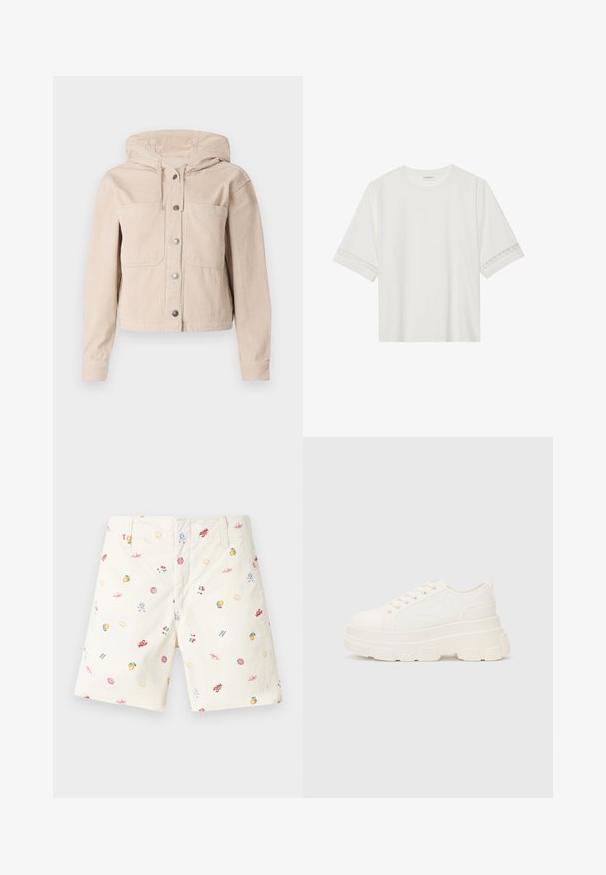 Beige kordbársony dzseki kapucnival, elülső gombos záródással és két mellzsebből áll. Texturált anyag bordás mintával.; Fehér, rövid ujjas póló, pamutból készült, díszes csipkés szegéllyel az ujjak mentén és kerek nyakkivágással.; Krémszínű pamut rövidnadrág színes, vegyes nyomott mintákkal, beleértve gyümölcsöket, kagylókat és napmintákat; klasszikus, lapos elejű kivitel.; Fehér vászon sportcipő vastag talppal, lekerekített orral és öt fűzőlyukkal. Hátulján egy fül a könnyű felvétel érdekében. Simára kidolgozott textúra, minimális dizájn.