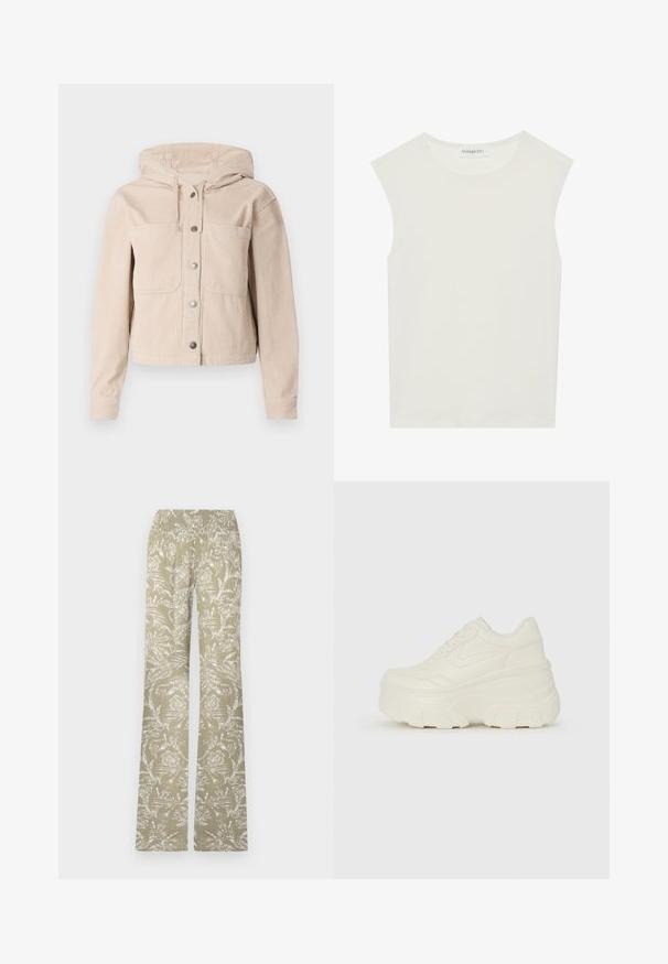 Beige corduroy jacket with a hood, featuring a front button closure and two chest pockets. Textured fabric with ribbed pattern.; White sleeveless top with a round neckline. Made of smooth fabric, it features a relaxed fit and minimalist design. No patterns or accents.; Flared trousers in light green fabric with a white floral pattern. Features an elastic waistband and a textured surface.; White platform sneakers featuring a smooth leather-like upper, rounded shape, padded collar, and textured rubber sole with defined treads.