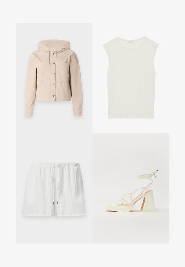 Giubbotto in corduroy beige con cappuccio, dotato di chiusura frontale con bottoni e due tasche sul petto. Tessuto testurizzato con motivo a costine.; Top bianco senza maniche con scollatura rotonda. Realizzato in tessuto liscio, presenta una vestibilità rilassata e un design minimalista. Nessun motivo o accentuazione.; Pantaloni corti leggeri in cotone bianco con vita elasticizzata e cordoncino regolabile, caratterizzati da un tessuto testurizzato e una vestibilità comoda.; Sandalo bianco con tacco alto, caratterizzato da un design a cinturini e un legaccio alla caviglia. Texture liscia con una piattaforma frontale per un'altezza aggiuntiva.