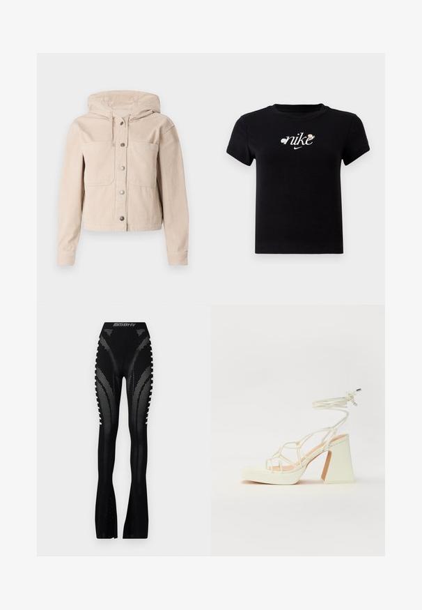 Bēša korduroja jaka ar kapuci, ar priekšējo pogu aizdari un divām krūšu kabatām. Strukturēts audums ar rievu rakstu.; Melns kokvilnas T-krekls ar apaļu kakla izgriezumu, īsām piedurknēm un baltu "nike" logotipu, ko rotā ziedu akcenti centrā.; MISBHV BIANCA SEAMLESS TROUSERS - Auduma bikses - black; Baltas augstpapēžu sandales ar masīvu papēdi, ar siksnu dizainu un potītes saistītiem elementiem. Gluda tekstūra ar platformu priekšpusē, lai nodrošinātu papildu augstumu.