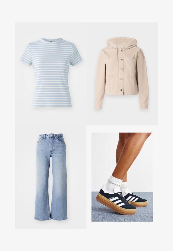 Beige kordfløyelsjakke med hette, med frontknapplukking og to brystlommer. Teksturert stoff med ribbet mønster.; Lyseblå kortermet T-skjorte med horisontale hvite striper, ribbet tekstur og rund hals. Passer for hverdagsbruk.; Lyseblå høyt liv vide jeans med front- og baklommer, knappelukking og subtile falminger på lårene og kanten.; Svarte sneakers i semsket skinn med hvite striper og detaljer, rund tå, yttersåle i gummigummi, kombinert med hvite ribbestrikkede crew-sokker.