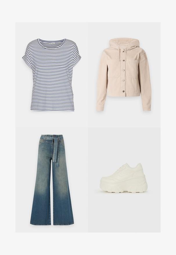 Beige kordfløyelsjakke med hette, med frontknapplukking og to brystlommer. Teksturert stoff med ribbet mønster.; Stripet kortermet T-skjorte i hvit og marineblå, med rund hals og avslappet passform, laget av myk bomullsstoff.; Bredde ben jeans med en lyseblå til mørkeblå gradient, høyt liv, beltehemper og et matchende belte i samme stoff. Teksturert denimoverflate.; Hvite plattformsnickers med en glatt læraktig overdel, avrundet form, polstret krage og teksturert gummisåle med tydelige dekk.