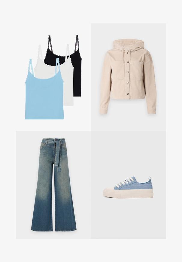 Bež jakna od kordura s kapuljačom, koja ima prednje dugme i dva džepa na prsima. Teksturalna tkanina s rebrastim uzorkom.; Trii majice na bretele s čipkastim obrubima: jedna svijetloplava, jedna bijela i jedna crna. Izrađene su od mekog materijala s prianjajućim oblikom.; Široke traperice s gradijentom od svijetloplave do tamnoplave, visokog struka, petljama za remen i remenom od istog materijala. Teksturirana traper tkanina.; Svijetloplave platnene tenisice s kremastim gumenim vrhom i potplatom, koje imaju bijele vezice i petnu traku.