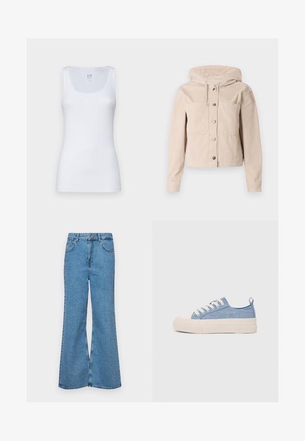 Bežinė aksominė striukė su kapišonu, su priekiniais mygtukais ir dviem krūtinės kišenėmis. Tekstūruota medžiaga su raukšlėtu raštu.; GAP TANK - Viršus - fresh white; Šviesiai mėlynos flared džinsai, pagaminti iš džinsinio audinio, su aukštu liemeniu, penkiomis kišenėmis ir vienu mygtuko užsegimu. Minkštas paviršius su išblukusiu efektu.; Šviesiai mėlyni drobės sportbačiai su kreminiu guminiu pirštų apsaugos ir pado elementu, balti raišteliai ir kilpa ant kulno.