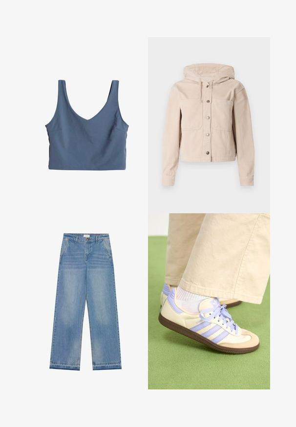 Jachetă din corduroy bej cu glugă, având închidere cu butoni în față și două buzunare pe piept. Material texturat cu model în nervuri.; Top scurt albastru, cu decolteu în V, realizat dintr-un material neted. Dispune de bretele late și un detaliu cu un singur buzunar pe lateral.; Even&Odd Wide leg - blue denim; Adidași crem și lavandă cu trei dungi și o talpă texturată maro, având șireturi și un călcâi căptușit. Superior din material moale.