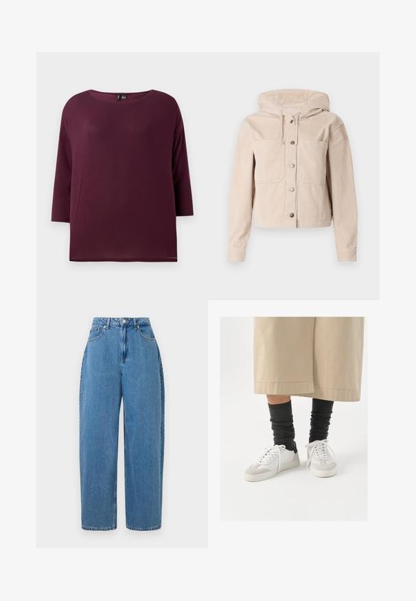 Béžová kordová bunda s kapucí, obsahující přední zapínání na knoflíky a dvě náprsní kapsy. Texturovaná látka s ribovaným vzorem.; Burgundské tričko s kulatým výstřihem a třičtvrtečními rukávy, vyrobené z měkkého materiálu, s volným střihem a rovním lemem.; Světlemodré džíny s rovnými nohavicemi, vysokým pasem a předním zapínáním na knoflík. Mají pět kapes a minimální výšivkové detaily.; Bílé a šedé tenisky s černým akcentem na patě, s hladkým koženým svrškem a texturovanou semišovou špičkou. Nosič má na sobě tmavě šedé pohodlné ponožky.