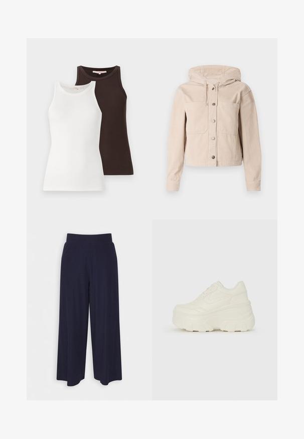 Béžová kordová bunda s kapucí, obsahující přední zapínání na knoflíky a dvě náprsní kapsy. Texturovaná látka s ribovaným vzorem.; Dvě žebrované tílka, jedno bílé a jedno tmavě hnědé, s bezrukávovým střihem a kulatými výstřihy, postavená vedle sebe.; Široké kalhoty z tmavě námořnické tkaniny s žebrovanou strukturou. Obsahují hladký pas a splývavý siluetu, dosahující délky po polovinu lýtek.; Bílé platformové tenisky s hladkým svrškem podobným kůži, zaobleným tvarem, polstrovaným límcem a texturovanou gumovou podrážkou s vyznačenými vzory.