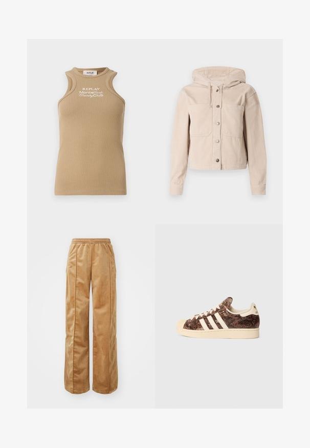 Beige Cord-Jacke mit Kapuze, mit einer vorderen Knopfleiste und zwei Brusttaschen. Strukturierter Stoff mit geripptem Muster.; Beige gerippter Tanktop mit rundem Halsausschnitt und breiten Schulterträgern. Mit weißer "REPLAY MonteCarlo Country Club" Stickerei auf der Vorderseite.; Beigeweite Hosen aus weichem, samtigem Material. Verfügt über einen elastischen Bund und vertikale Nähte an der Vorderseite für zusätzliche Details.; Braun-schlangenbedruckter Sneaker mit weißen Streifen und cremigen Akzenten. Verfügt über eine abgerundete Zehenpartie, eine strukturierte Oberfläche und ein weiches Innenfutter.