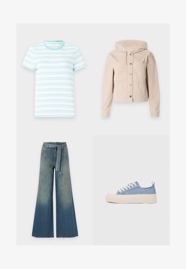 Beežist soonik, millel on kapuuts, esiküljel nupupaneel ja kaks rinnataskut. Tekstuuriga kangas ribipatterniga.; Lühikese varrukaga t-särk, mis on valmistatud kergest materjalist, millel on horisontaalsed helesinised triibud valgel taustal ja sobiv ümmargune kaelus.; Laiad denimpüksid, millel on hele tume sinine gradiendiefekt, kõrge vöökoht, vöökumlid ja sobivast kangast vöö. Struktureeritud denimi viimistlus.; Heledad sinised kangast tennisekingad koorevärvi kummist varbakatte ja taldaga, millel on valged paelad ja tõmblukk kandadel.