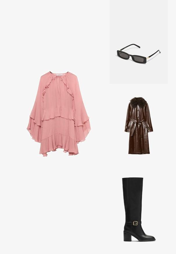 Smeđi kožni kaput s sjajnim završetkom, s krznenim teksturiranim ovratnikom, dugim rukavima i odgovarajućim remenom u struku.; Roza chiffon haljina slobodnog kroja, s volanima na dekolteu, rukavima i rubu, te vezivanjem na vratu.; Crne čizme do koljena od glatke kože, s blok petom, zlatnom kopčom i elegantnim oblikom.; Crne pravokutne sunčane naočale s tamnim lećama, sjajnim plastičnim okvirom i zlatnim akcentima na sljepoočnicama. Minimalistički dizajn i elegantan oblik.