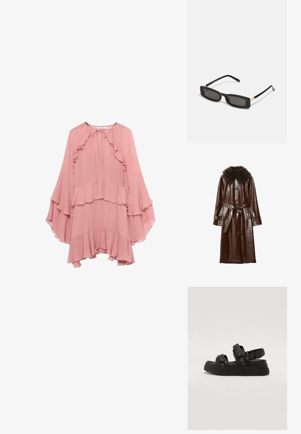 Brązowy skórzany płaszcz o błyszczącej powierzchni, z falistym teksturowanym kołnierzem, długimi rękawami i pasującym paskiem w talii.; Różowa sukienka z szyfonu o luźnym kroju, z falbanami przy dekolcie, rękawach i dole, oraz z wiązaniem przy szyi.; Czarne sandały z teksturowanym wzorem paska, z dwoma regulowanymi zapięciami na rzep i grubą, gumową podeszwą, która dodaje wysokości.; Czarnie prostokątne okulary przeciwsłoneczne z ciemnymi soczewkami, błyszczącymi plastikowymi oprawkami i złotymi akcentami na zausznikach. Minimalistyczny design i smukły kształt.