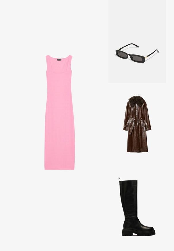 Brun läderjacka med en glansig yta, utrustad med en texturerad, lockig krage, långa ärmar och ett matchande bälte i midjan.; Ribbade, ärmlösa midiklänning i klarrosa. Har en fyrkantig halsringning och en figurnära siluett för en strömlinjeformad look.; Svarta knähöga läderstövlar med en strömlinjeformad design, rund tå och kraftig gummisula med djupa spår samt en dragflik högst upp.; Svarta rektangulära solglasögon med mörka linser, glänsande plastbågar och guldiga detaljer på skalmarna. Minimalistisk design och strömlinjeformad form.