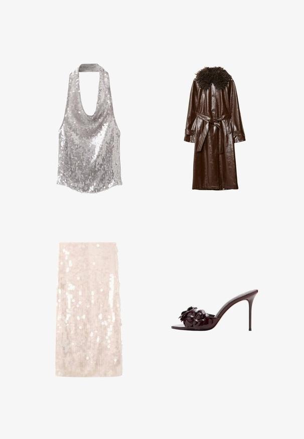 Cappotto in pelle marrone con finitura lucida, dotato di un colletto textured riccio, maniche lunghe e una cintura coordinata in vita.; Top halter con paillettes argento, con scollatura profonda e design senza maniche.; Gonna rosa in paillettes con una silhouette aderente. Presenta una texture liscia e un leggero luccichio, decorata con paillettes circolari riflettenti sparse.; Sandalo con tacco alto in pelle verniciata bordeaux, dotato di un'applicazione floreale sulla fascia e un design a punta. Silhouette sofisticata.