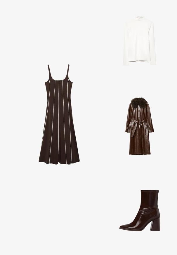 Rjav usnjen plašč z sijočo površino, ki ima kodrasto teksturirano ovratnico, dolge rokave in ujemajoč pas na pasu.; Bela dolga majica s turtleneck ovratnikom, rahlo gubana, razstavljena na beli podlagi.; Rjava brezrokavna obleka z belimi navpičnimi črtami, izdelana iz mehke tkanine, z oprijetim zgornjim delom in širšim krilom. Brez vidne strojne opreme ali okrasnih elementov.; Rjave lakirane gležnjerice s šiljastim prstom, elastičnim gležnjem i chunky blok petom. Elegantno dizajnirane s glatkom teksturom.