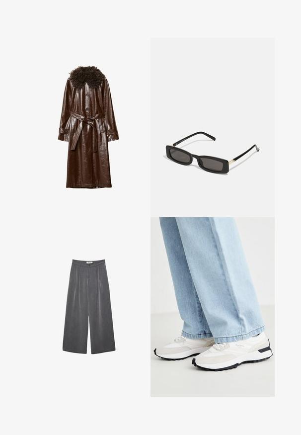 Rjav usnjen plašč z sijočo površino, ki ima kodrasto teksturirano ovratnico, dolge rokave in ujemajoč pas na pasu.; Bela dolga majica s turtleneck ovratnikom, rahlo gubana, razstavljena na beli podlagi.; Nabrane hlače širokega kroja v temnosivi tkanini z diskretno teksturo. Opremljene so z gumbom za zapiranje in klasičnim oblikovanjem pasu.; Športni superge z belim mrežastim zgornjim delom, sivi semiš poudarki, črn gumijast podplat in strukturirani dizajn na strani.; Črne pravokotne sončne očala s temnimi lečami, sijajnim plastičnim okvirjem in zlatimi poudarki na ušesnih delu. Minimalistična zasnova in eleganten oblik.