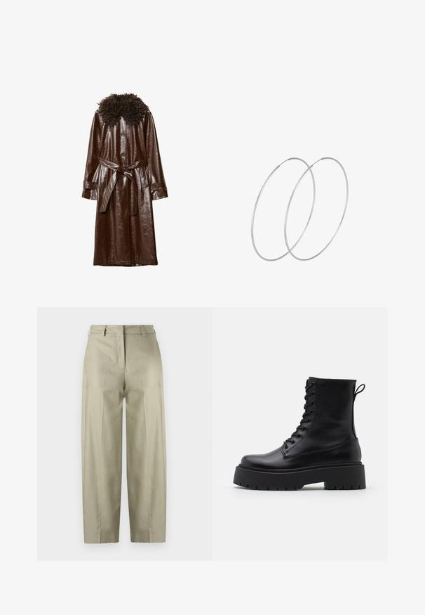 Hnedý kožený kabát s lesklým povrchom, ktorý má kučeravý textúrovaný golier, dlhé rukávy a zodpovedajúci opasok v páse.; Biely dlhý rukáv s rolákom na tričku s mierne pokrčeným golierom, vystavený na rovnej ploche s bielym pozadím.; Bežové nohavice s širokými nohavicami vyrobené z hladkej tkaniny. Obsahujú záhyby, zapínanie na zips a pútka na opasok. Rovný strih od pása po lem.; Čierne kožené členkové topánky s okrúhlou špičkou, šnurovaním vpredu a hrubou gumovou podrážkou s textúrovaným vzorom. Sťahovací pútko na zadnej strane.; Strieborné kruhové náušnice s minimalistickým dizajnom. Cirkulárny tvar, hladký povrch a tenký profil. Ľahké s lesklým povrchom.