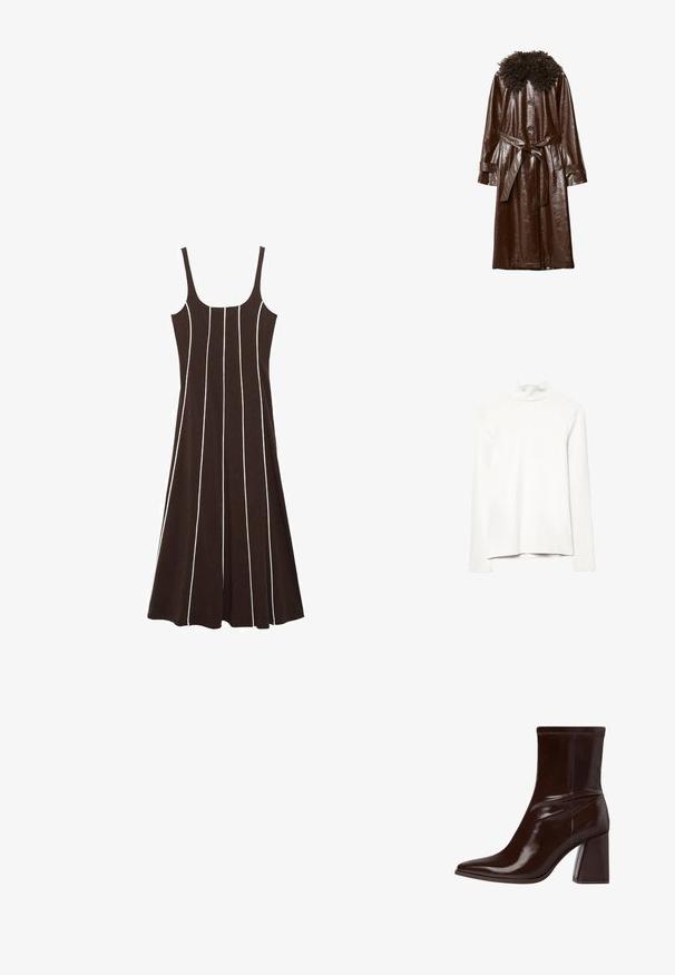 Hnědý kožený kabát s lesklým povrchem, s kudrnatým texturovaným límcem, dlouhými rukávy a odpovídajícím páskem v pase.; Bílý dlouhý rukáv turtleneck s mírně mačkaným límcem, vystavený na bílé ploše.; Hnědress bez rukávů s bílými vertikálními pruhy, vyrobený z měkké tkaniny, s upnutým topem a rozšířenou sukní. Žádné viditelné kovové prvky nebo akcenty.; Hnědé lakované kožené kotníkové boty s špičatou špičkou, elastickým kotníkem a chunky blokovým podpatkem. Elegantní design s hladkým povrchem.